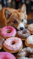 Curious corgi dog looking at colorful glazed donuts with sprinkles on wooden table. Close-up portrait showing temptation and sweet treats in pink and chocolate colors.
