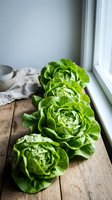 Fresh organic butter lettuce heads arranged on rustic wooden table by window. Natural lighting highlights vibrant green leaves for healthy cooking and salads.