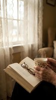 Elderly hands holding floral teacup while reading open book by sunny window with soft curtains creating cozy afternoon reading atmosphere.