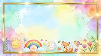 Watercolor pastel background with gold frame, cute fox, rainbow, sun, moon, stars, and flowers, soft dreamy nursery card template.