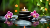 Zen spa composition with stacked black stones, lit candle, pink orchid flowers and warm bokeh lights creating peaceful meditation atmosphere for wellness.