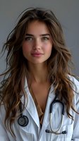 Beautiful young female doctor with long brown wavy hair and blue eyes wearing white medical coat and stethoscope. Professional healthcare portrait perfect for medical advertising and websites.