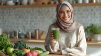 Young woman in hijab holding green smoothie in modern kitchen with fresh vegetables and fruits on counter, promoting healthy lifestyle and wellness.