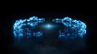 Glowing blue energy arc forms semicircle shape on dark background with light reflection, creating futuristic technological effect for science concepts.