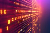 Abstract digital binary code background in vibrant purple and orange colors with glowing numbers and data streams, representing technology and cybersecurity concepts.