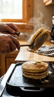 Senior man cooking fresh pancakes on cast iron griddle in warm kitchen with steam rising from golden breakfast stack.