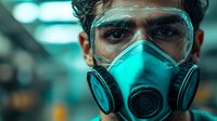 Young male medical worker wearing protective goggles and turquoise respirator mask against blurred teal background, close-up portrait showing safety equipment during pandemic.