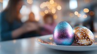 Metallic purple and blue Easter egg with gold speckled companion on white plate against soft festive bokeh background creates magical holiday atmosphere.