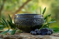 Ornate silver bowl with fresh blueberries and green leaves on rustic wooden surface, creating serene natural spa or wellness composition.
