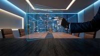 Businessman in dark suit interacting with holographic digital interface displaying network connections and data visualization in modern office space with ambient lighting.