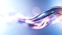 Flowing abstract waves with glowing particles in blue and pink colors create dynamic motion effect against blurred background. Suitable for technology designs.