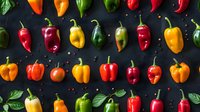 Fresh colorful bell peppers and chili peppers arranged in rows on dark background with green leaves, creating vibrant pattern for food photography and design.