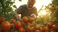 Senior Caucasian male farmer harvesting fresh ripe red tomatoes in greenhouse during golden hour sunset. Organic agriculture and sustainable farming concept.