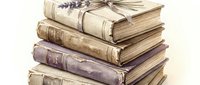 Stack of vintage antique books tied with lavender ribbon bow on transparent background isolated for design projects and educational materials.