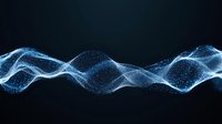 Glowing blue particle wave formation on dark background, flowing dynamic motion with sparkles and light effects creating abstract digital art pattern.