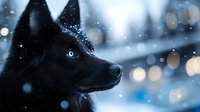 Black wolf with piercing blue eyes gazes intently during snowfall, dramatic close-up portrait against blurred winter bokeh background creates mystical atmosphere.