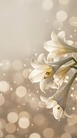 Delicate white lilies with golden stamens bloom against a soft, blurred background of warm bokeh lights and gentle sparkles, creating an elegant and serene floral composition for wedding and celebration designs.