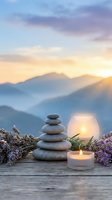 Zen stone stack with lavender and candles on wooden surface at sunset with mountain landscape background for meditation and wellness concepts.