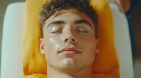 Young caucasian man with closed eyes relaxing on orange pillow during spa treatment or massage therapy session, showing peaceful facial expression.