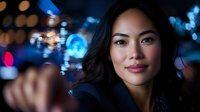 Young Asian woman with confident smile at night, illuminated by vibrant city bokeh lights in background, professional portrait with shallow depth of field.