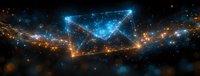 Glowing digital envelope shape formed by connected dots and lines against dark space background with orange and blue light effects and particles.