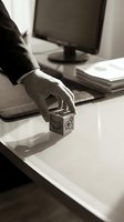 Professional businessman hand holding wooden dice with business icons at modern office desk with computer monitor and documents in sepia tone.