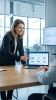 Professional businesswoman presenting digital solutions on laptop during corporate meeting in modern office conference room.