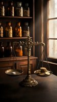 Vintage brass scales of justice with coins on wooden table in old apothecary shop with glass jars and warm sunlight streaming through window.