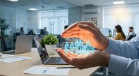 Businessman hands protecting holographic data analytics charts in modern office environment for business growth and financial technology concepts.