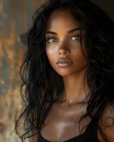 Beautiful African American woman with striking green eyes and long wavy black hair in artistic portrait. Perfect for beauty, fashion, and cosmetic advertising.