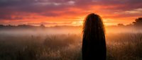 Woman with long curly hair silhouetted against dramatic orange sunset sky in misty field. Peaceful solitude and contemplation in golden hour landscape.