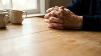 Elderly man's weathered hands clasped in prayer or contemplation at wooden table with coffee cup, morning light streaming through window creating peaceful moment.
