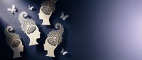 Mental health awareness concept with human head silhouettes featuring intricate brain patterns and flying butterflies symbolizing transformation and healing.
