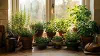 Herb garden on sunny windowsill with rosemary, basil and potted plants in terracotta pots creating cozy kitchen atmosphere for cooking and gardening.