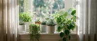Collection of green houseplants in white pots arranged on sunny windowsill with natural light filtering through sheer curtains for home decor.