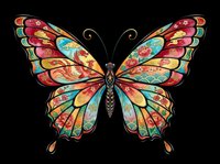 Colorful butterfly with intricate patterned wings in vibrant reds, yellows, blues, and greens. Isolated on transparent background, ready for t-shirts, stickers, clipart, and print-on-demand designs.