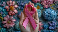 Female hand holding pink awareness ribbon against floral background with colorful daisies and decorative flowers, symbolizing breast cancer support and solidarity.