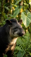 Young tapir portrait in lush tropical rainforest surrounded by green foliage and ferns in natural habitat for wildlife conservation and nature education.
