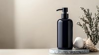 Black cosmetic bottle with pump dispenser on marble surface, styled with seashells and dried flowers against neutral background for spa and beauty products.