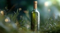 Green glass wine bottle with frosted floral pattern stands among fresh herbs and bokeh lights creating magical atmosphere for food and beverage photography.