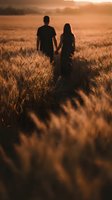 Romantic couple holding hands walking through golden wheat field at sunset with warm orange light creating dreamy atmosphere for love and relationship concepts.