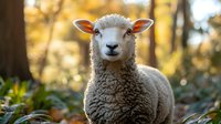 Young white sheep with curly wool looking at camera in autumn forest setting with golden bokeh background and soft natural lighting. Suitable for nature photography.