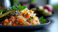 Fresh sauerkraut salad with carrots, pickled cucumber and herbs on dark plate, selective focus on fermented cabbage garnished with mint leaves.