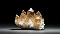 Smoky quartz crystal cluster formation with translucent brown points and white base on dark background, natural mineral specimen showing geometric crystalline structure.