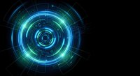 Futuristic holographic interface with glowing blue and green circular elements on black background for technology and sci-fi design projects.