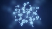 Abstract molecular structure with glowing nodes and connections on blue background for scientific research and biotechnology presentations.