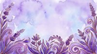 Lavender flowers with ornamental swirls and flourishes frame a soft watercolor background in purple and blue tones, suitable for wedding invitations, greeting cards, and decorative design projects.