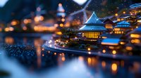 Illuminated Asian temple with glowing blue roof reflects in water at twilight, surrounded by soft bokeh lights creating magical atmosphere and peaceful ambiance.