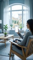 Young woman using smartphone with blank white screen in modern living room with plants and natural light for mobile app mockup presentation.