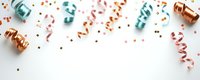 Festive curled ribbons in metallic turquoise and copper tones scattered with confetti on white background, creating celebratory border design for party invitations and events.
